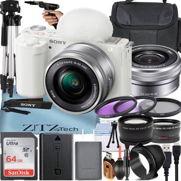 Sony Alpha ZV-E10 Mirrorless Vlog Camera with 16-50mm Lens   64GB Memory Card   Filter Kit   Tripod   Case   ZeeTech Accessory Bundle (White)