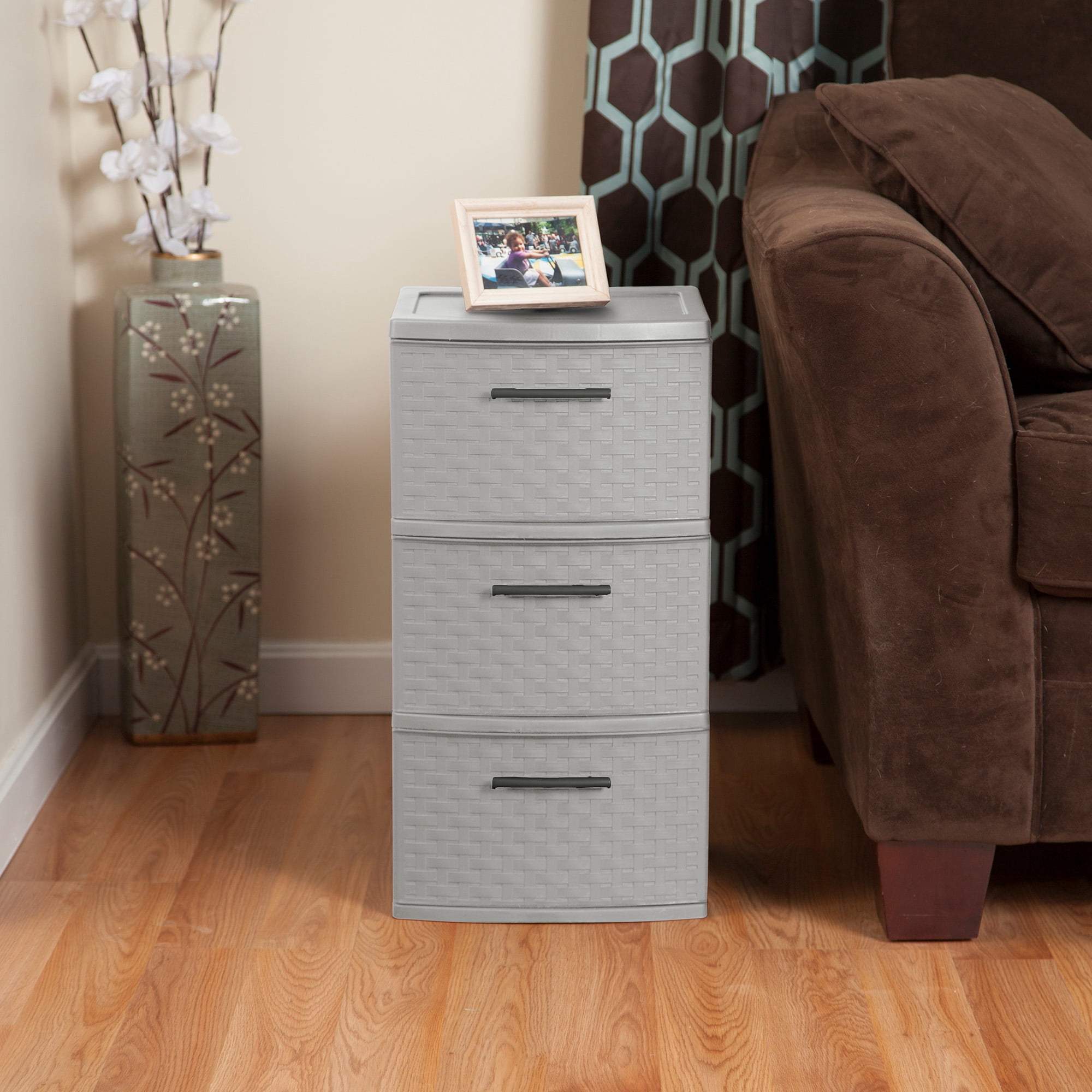 Sterilite 3 Drawer Storage Tower, Plastic Weave Medium Home Organizer, Cement, 2 Pack