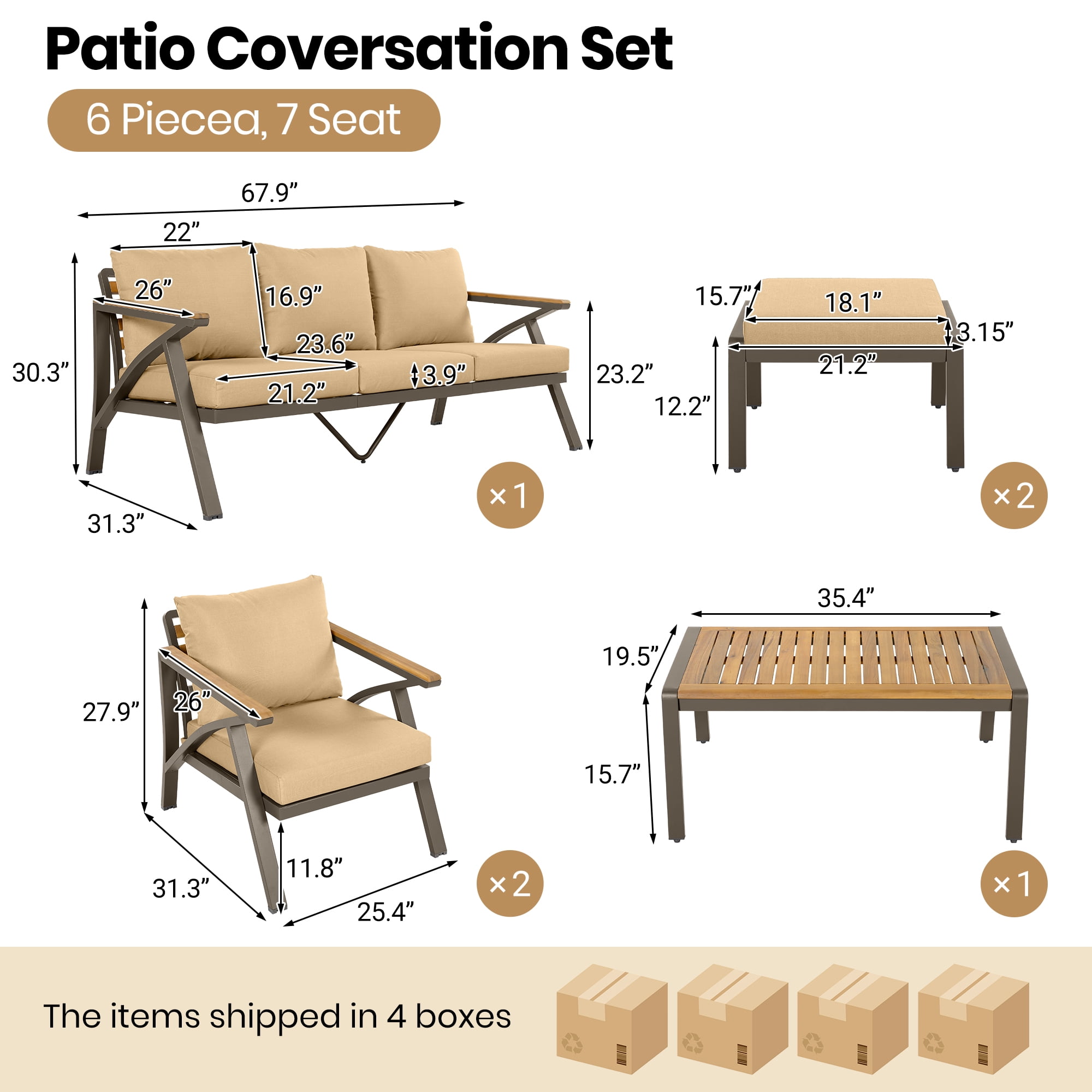 Complete 6-Piece Outdoor Patio Furniture Set with Steel Frame Sofa, 3-Seat Couch, 2 Armchairs, 2 Ottomans and Acacia Wood Coffee Table, Cushions for Backyard Garden, Brown