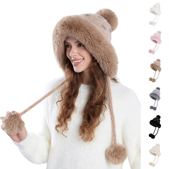 jobturf Winter Hats for Women Cute Fashion ​Pom Poms Beanie Lightweight Casual Ski Cap Thickened Warm Windproof Knit Hat for Outdoor Cold Weather