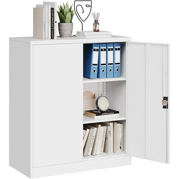 MIIIKO Lockable Storage Cabinet, Small Metal Garage Cabinet with Doors and Shelves, 35.4" Height Base Locker Cabinets 2 Doors