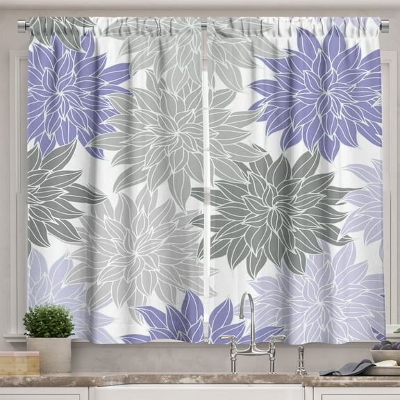 Ambesonne Dahlia Kitchen Curtains, Floral Blossoming Garden, 55"x45", Lavender Grey and White