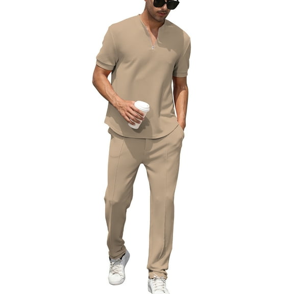 AZPSRT Mens Two Piece Outfit Casual Tracksuit Set Comfortable Lounge Sweat Suit Khaki Brown Size S
