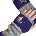 thumbnail image 1 of Opolski Women Autumn Winter Bird Embroidered Gloves Knit Fingerless Color Block Mitten, 1 of 8