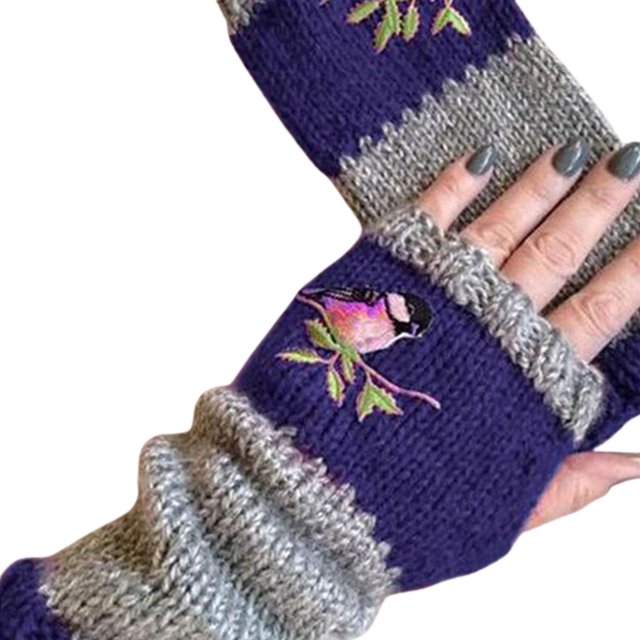 Opolski Women Autumn Winter Bird Embroidered Gloves Knit Fingerless Color Block Mitten