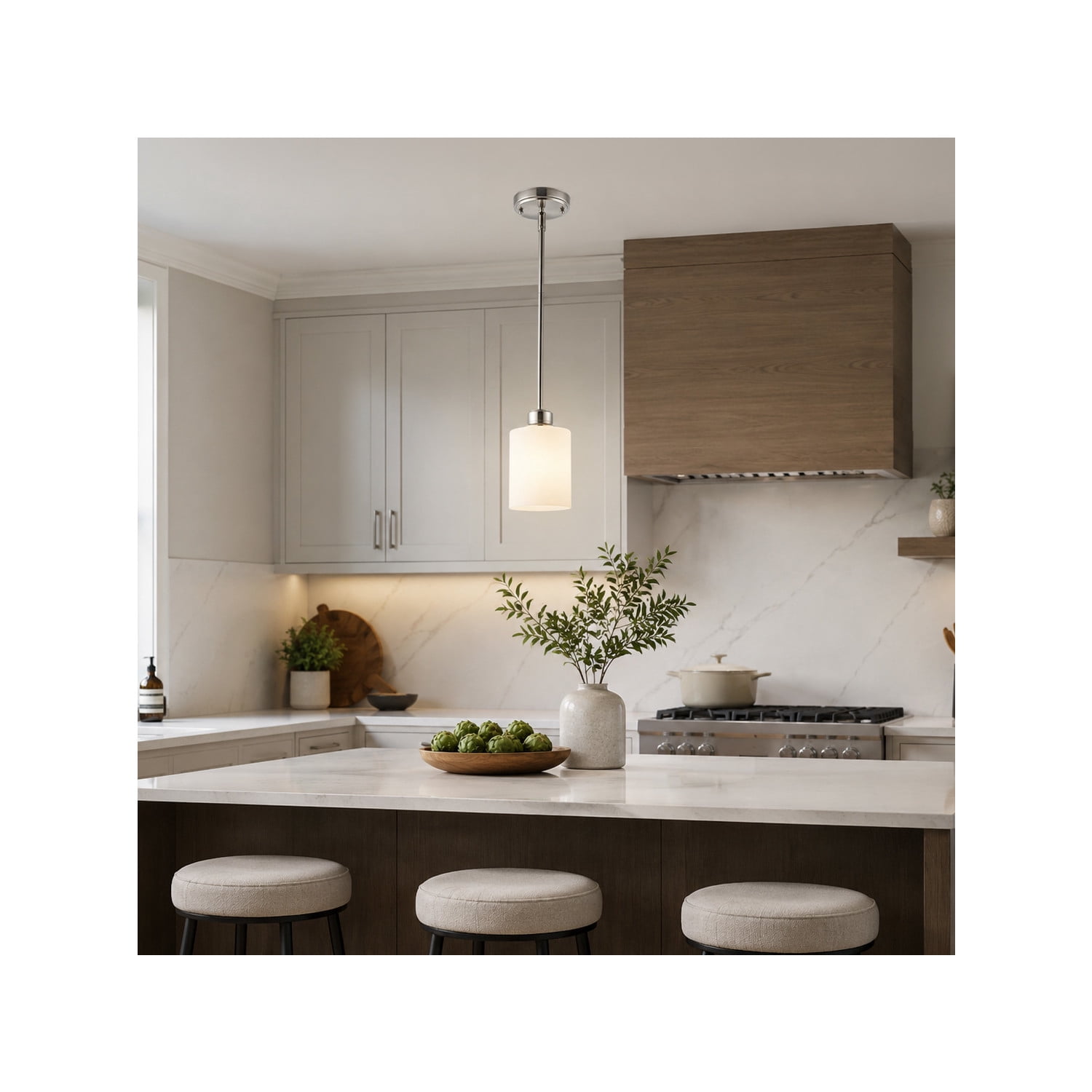 Satin Nickel Haddie 1-Light Mini Pendant, Dimmable with Frosted Glass Shade, Sloped Ceiling Compatible