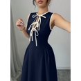 thumbnail image 4 of Navy Blue Sleeveless A-Line Maxi Dress With Contrast Tie Neck, Ruched Waist, Elegant Daily Wear, 4 of 8
