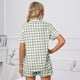 thumbnail image 4 of Conjunto de pijama de manga corta para mujer, estampado a cuadros, cuello vuelto, dos piezas, top y pantalones cortos, ropa de dormir gris claro 3XL, 4 of 6