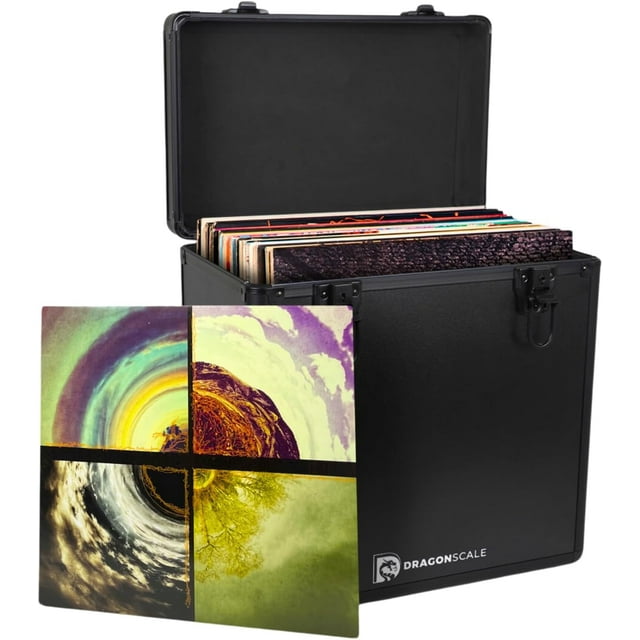 DRAGONSCALE Étui de Rangement en Métal pour Disques Vinyles 12 Pouces – Contient 50+ Singles, Coffre en Aluminium Durable, Compact et Protecteur, Noir