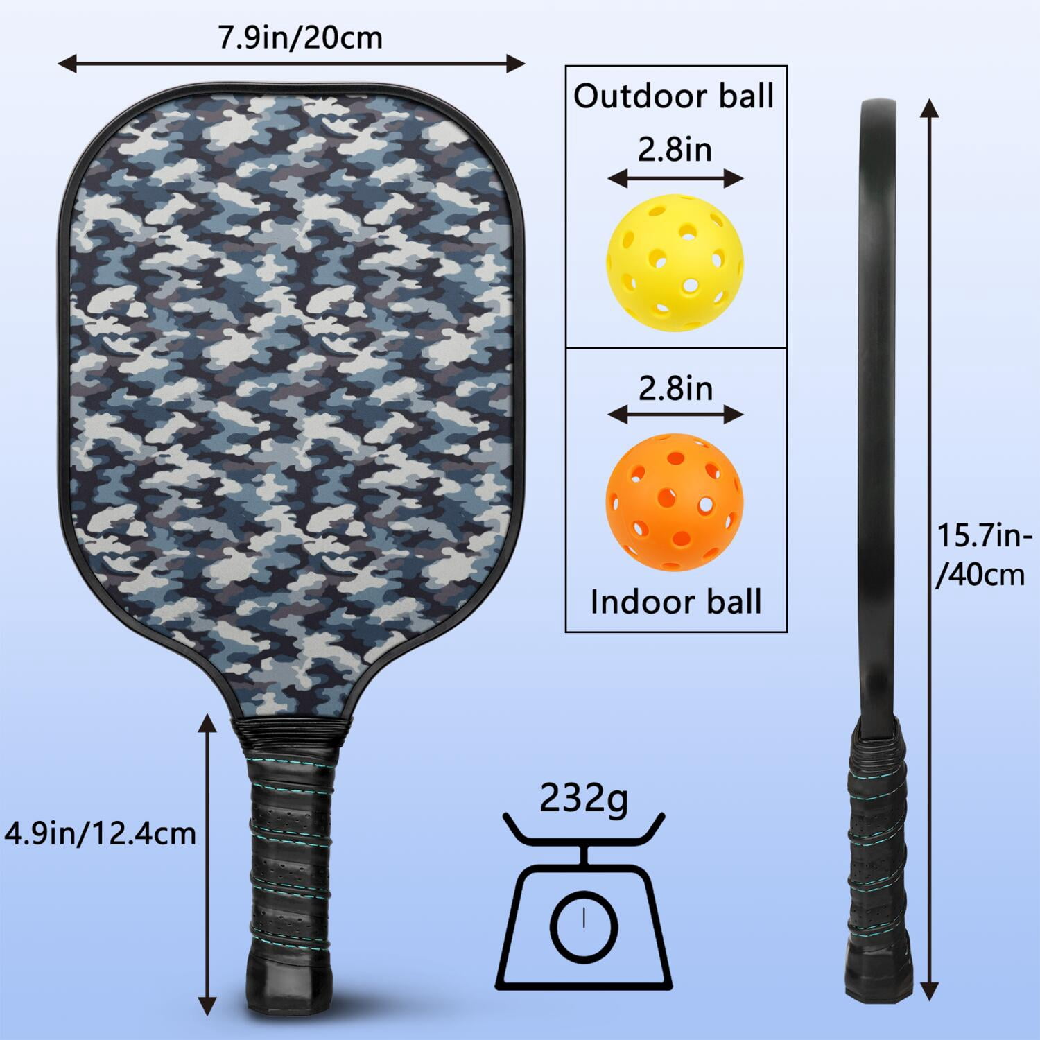 Pickleball Paddles Set Of 1, Fiberglass Surface, Camouflage Print, 1 Paddle, 2 Balls & Bag