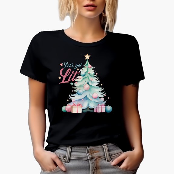 Let's Get Lit with Christmas Tree, Balls & Presents Art Gift, Black T-Shirt, Small