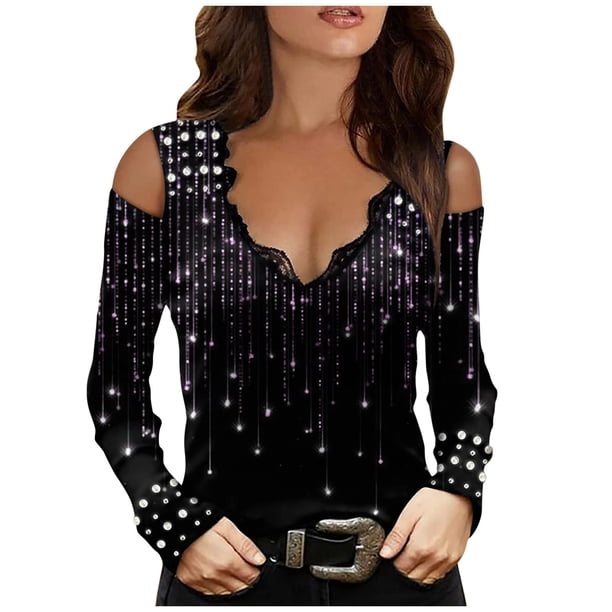 Gibobby Blusa Termica Mujer Top Off Impreso Hombro largo Blusa con cuello sexy Manga de encaje en V Blusa informal para mujer Blusa superior informal para mujer(Negro, XL)