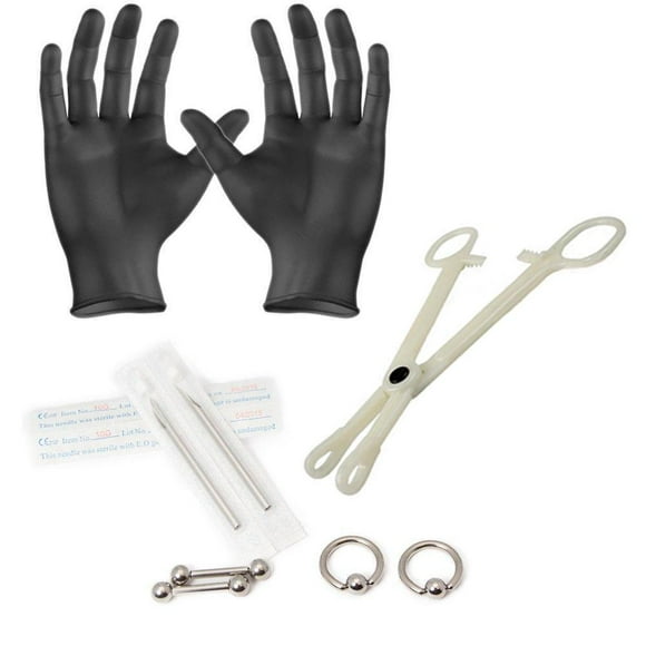 BodyJewelryOnline 10 Pcs. 10 Gauge Piercing Kit incl. Captives, Barbell, Needles, Forceps, Gloves