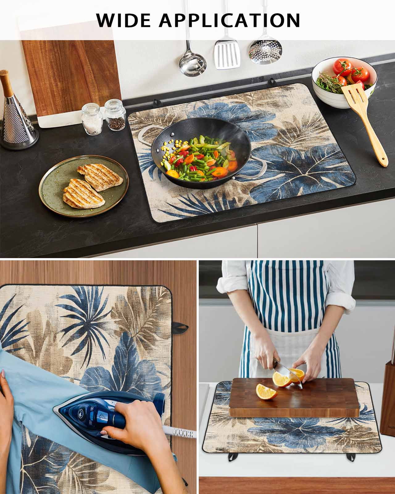 nqOlkjepod Large Induction Cooktop Protector Mat 36"x21", Blue Brown Botanical Stove Top Covers for Electric Stove, Summer Vintage Flowers Decorative Stove Burner Cover Mats, Glass Top Stove Cover