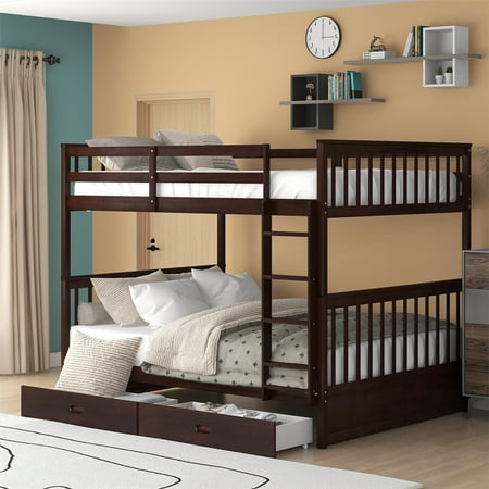 Convertible Bunk Bed with Two Storage Drawers  Solid Wood Low Bunk Bed Frame with Safety Guardrail and Ladder  Upgraded Bunk Bed with Headboard & Footboard for Adults  No Box Spring Needed  Espresso