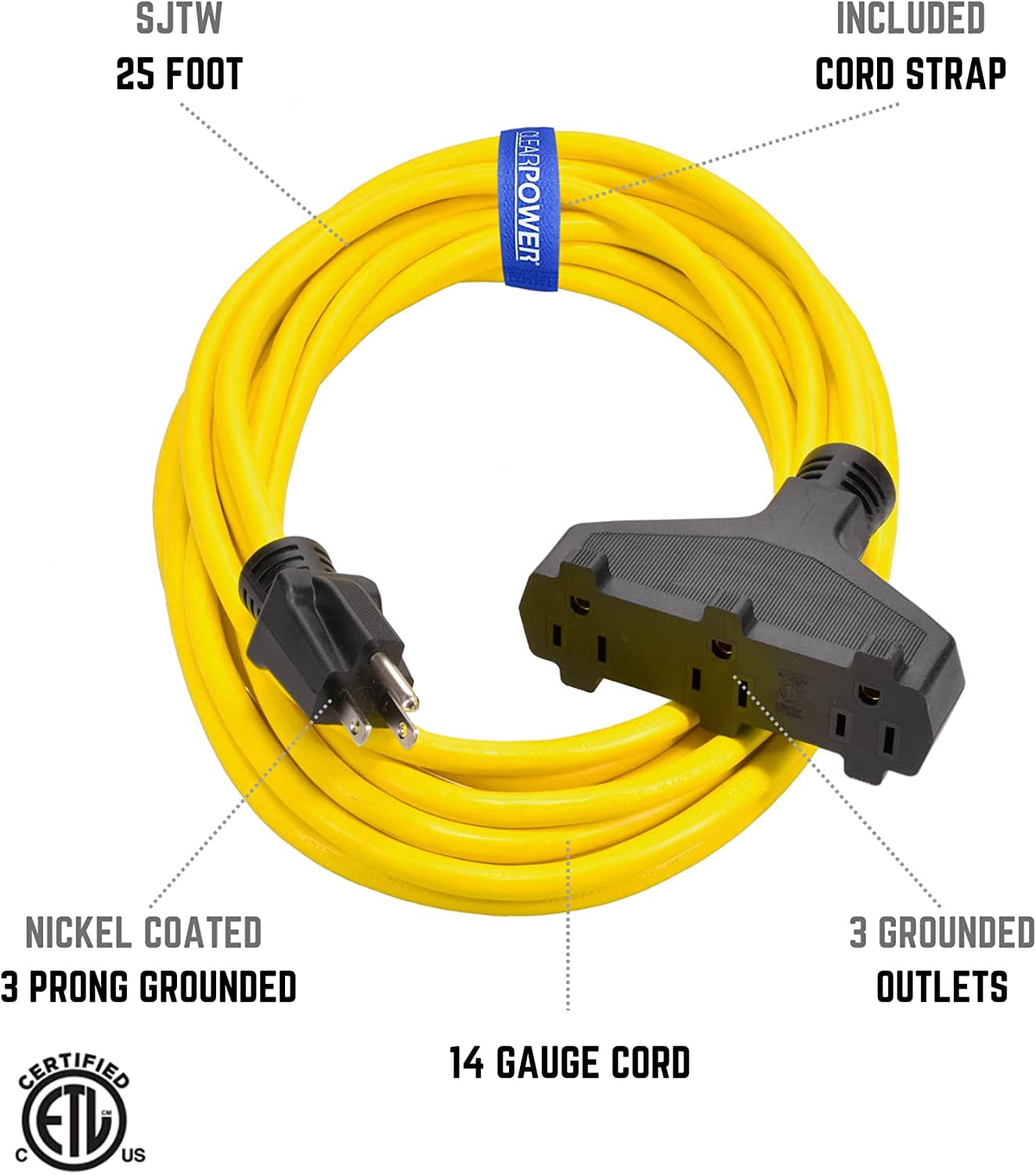 Clear Power 14/3 SJTW 25 ft 3-Outlet Heavy Duty Outdoor Extension Cord, Water, Weather Resistant & Flame Retardant, Yellow, CP10124