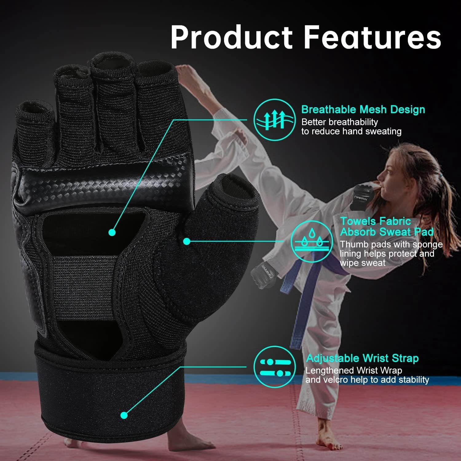 Kickboxing Sparring Gloves TKD Gloves for Men Women Half Finger Boxing Gloves Fighting Gloves Boxing Gloves for Punching Bag  Gloves for Men Women Black