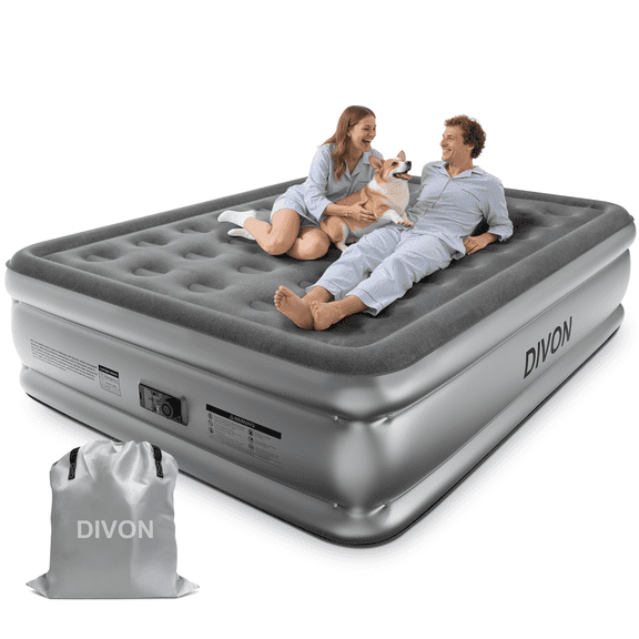 Divon Queen Air Mattress with Built-In Pump, 18-Inch Elevated Inflatable Air Bed, Quick Inflation and Deflation, Portable Blow-Up Bed for Guests, Home and Travel, Gray