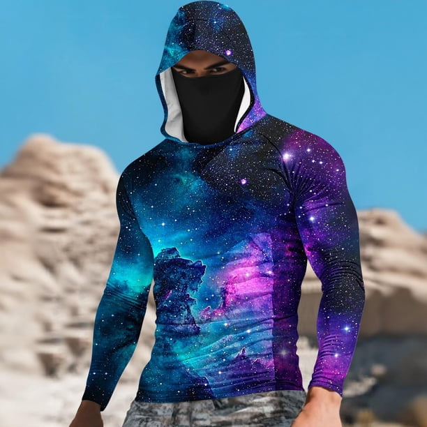 Ceisia Nebula Galaxy Print Hooded Top Men's Slim Fit Long Sleeve UV Protective Face Mask Shirt Multicolor L Gifts