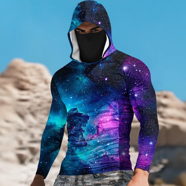 Ceisia Nebula Galaxy Print Hooded Top Men's Slim Fit Long Sleeve UV Protective Face Mask Shirt Multicolor M Gifts