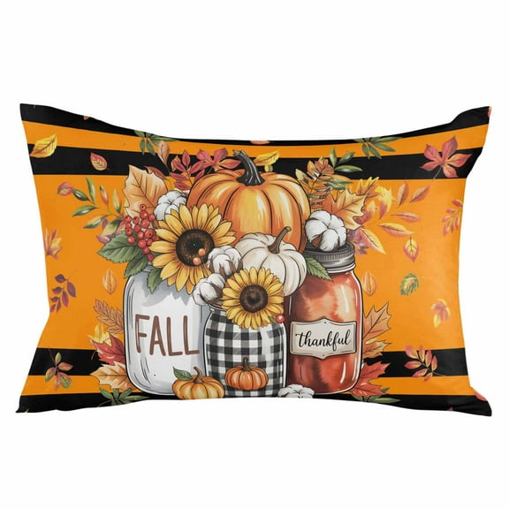 Fall Pumpkin Sunflower Throw Pillow Cover 20 x 30 Inch Decorative Pillow Cover Thanksgiving Maple Orange Striped Black Lumbar Pillowcase Seasonal Rectangle Cushion Case for Couch Sofa Bed Living Room