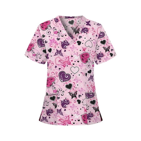 

Pockets Scrub Tops for Womens Paisley Printed Loose V-neck Shirts Short Sleeve Work Tee Shirt