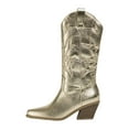 thumbnail image 4 of Metallic Glitter Cowboy Boots for Women Sparkly Leather Pointed Toe Chunky Heels Wide Mid Calf Cowgirl Boots Gold, 4 of 7