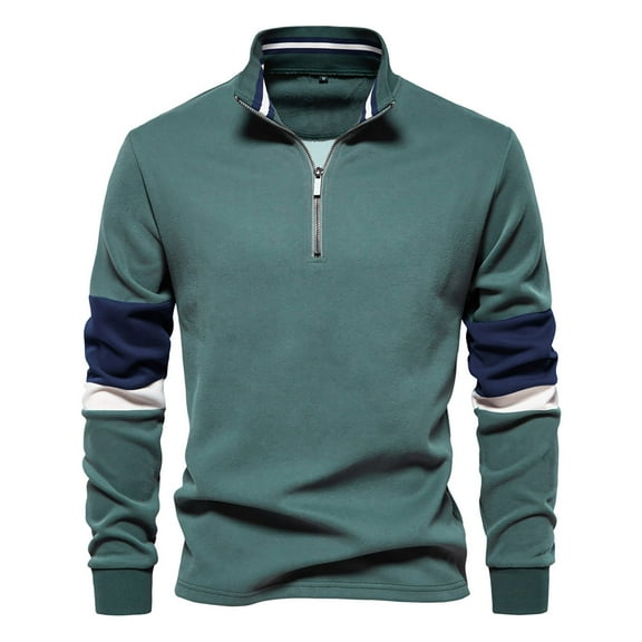 Men's Quarter Zip Up Pullover Sweatshirt Loose Stand Collar Long Sleeve Tops Fall Casual Color Match Shirt (Green L)