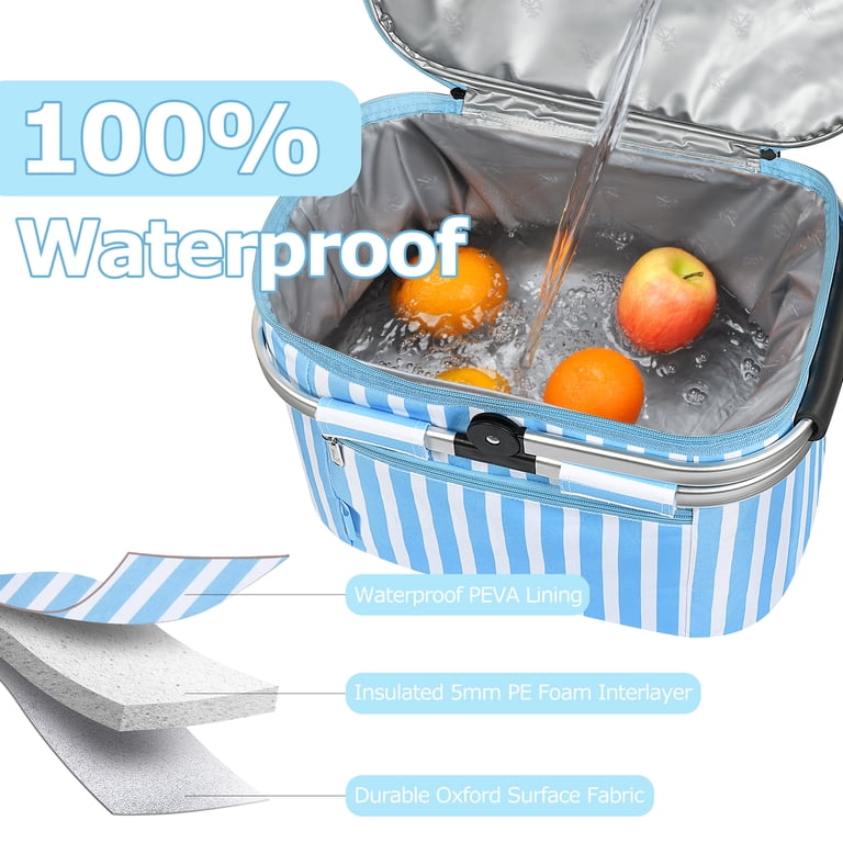 Tirrinia, Large Insulated Picnic Basket, 16.8x9.7x10 inches, Blue
