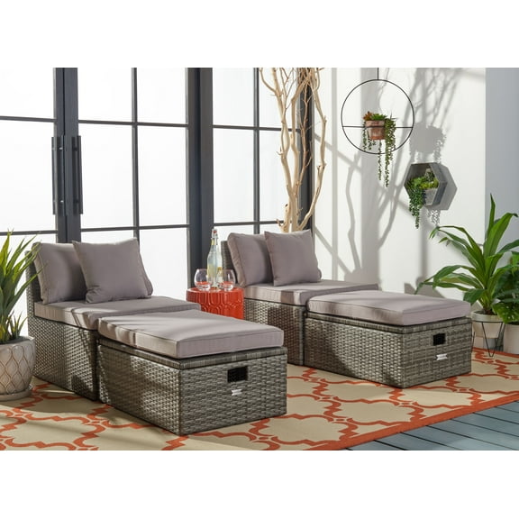 SAFAVIEH Pramla Outdoor Patio 4 Piece Sette With Ottoman, Grey
