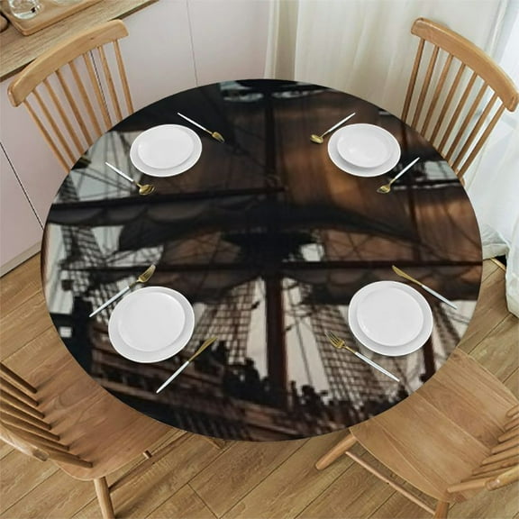 Cool Pirate Ship Fitted Round Tablecloth Elastic Table Cover Table Cloth Table Cover Room Party