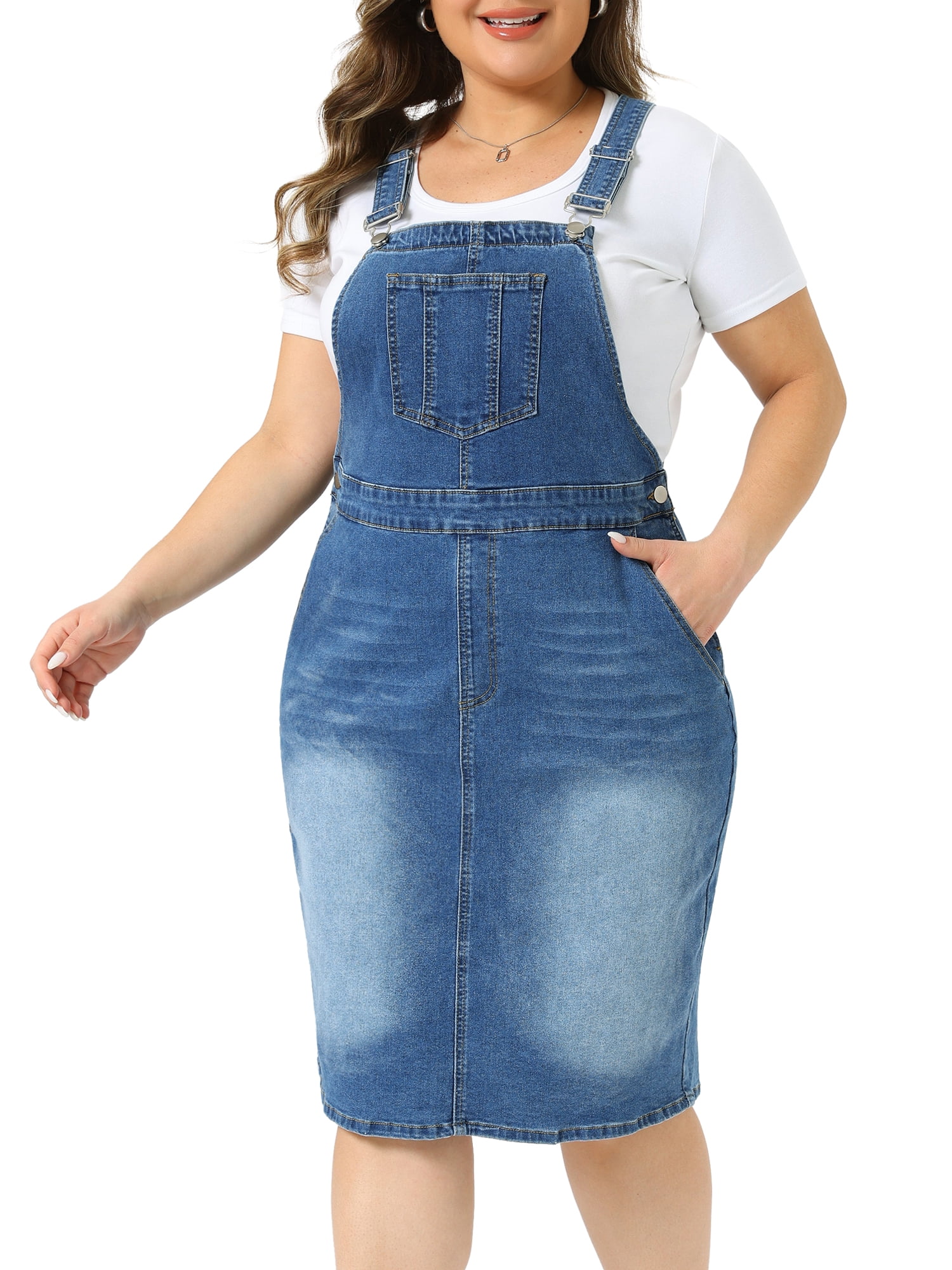 DARING DIVA Women's Plus Denim Overall Adjustable Strap Dress 1X Blue