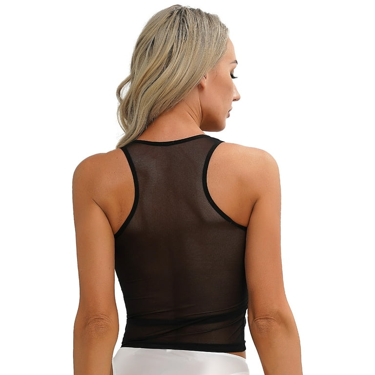 YIZYIF Womens See-Through Sheer Mesh Tank Top Summer Solid Color Vest Crop  Top Black XL