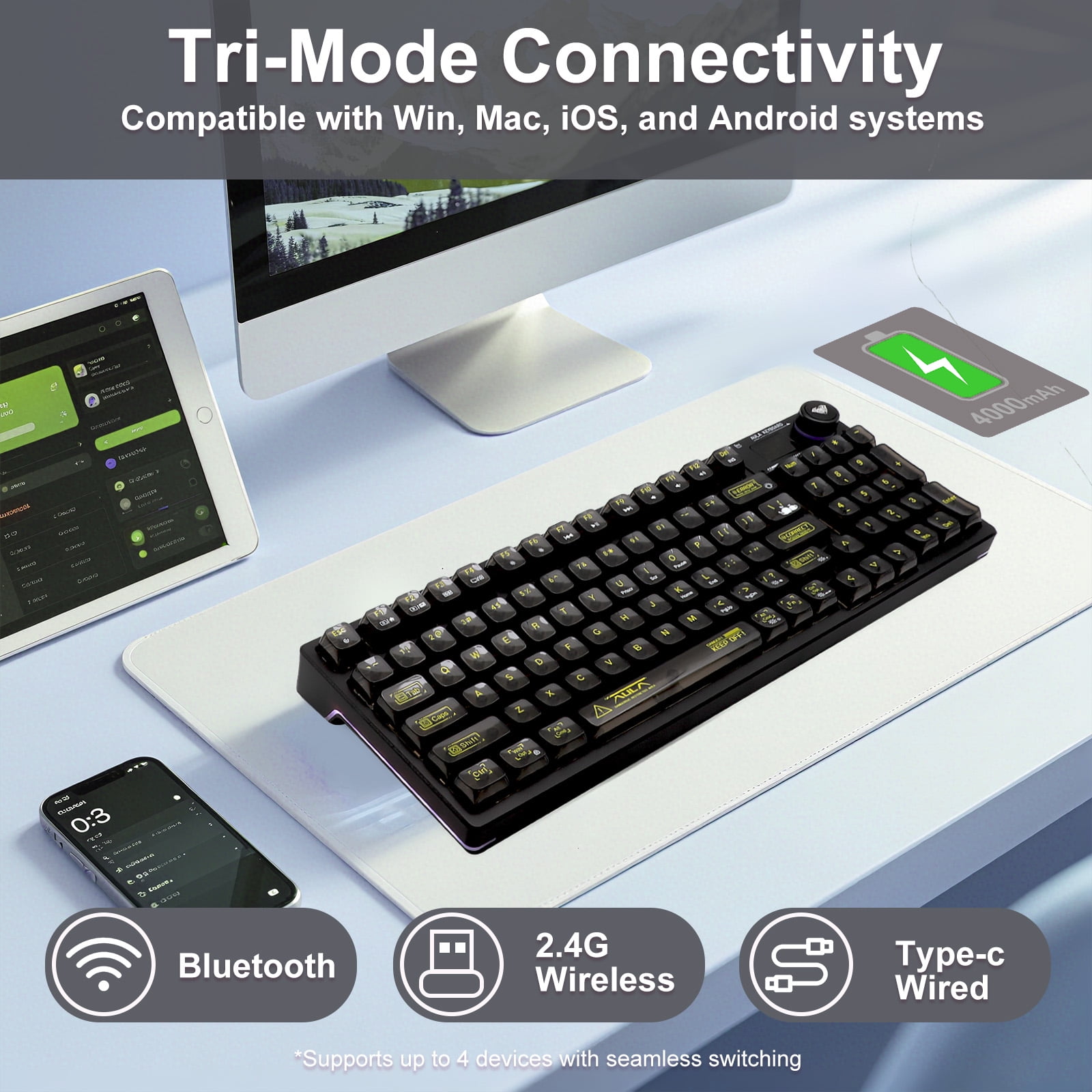 AULA F98Pro Transparent Wireless Mechanical Keyboard – Black, Tri-Mode (Bluetooth/2.4G/USB-C), Hot-Swappable Switches, OLED Display, 4000mAh Battery, RGB Backlit