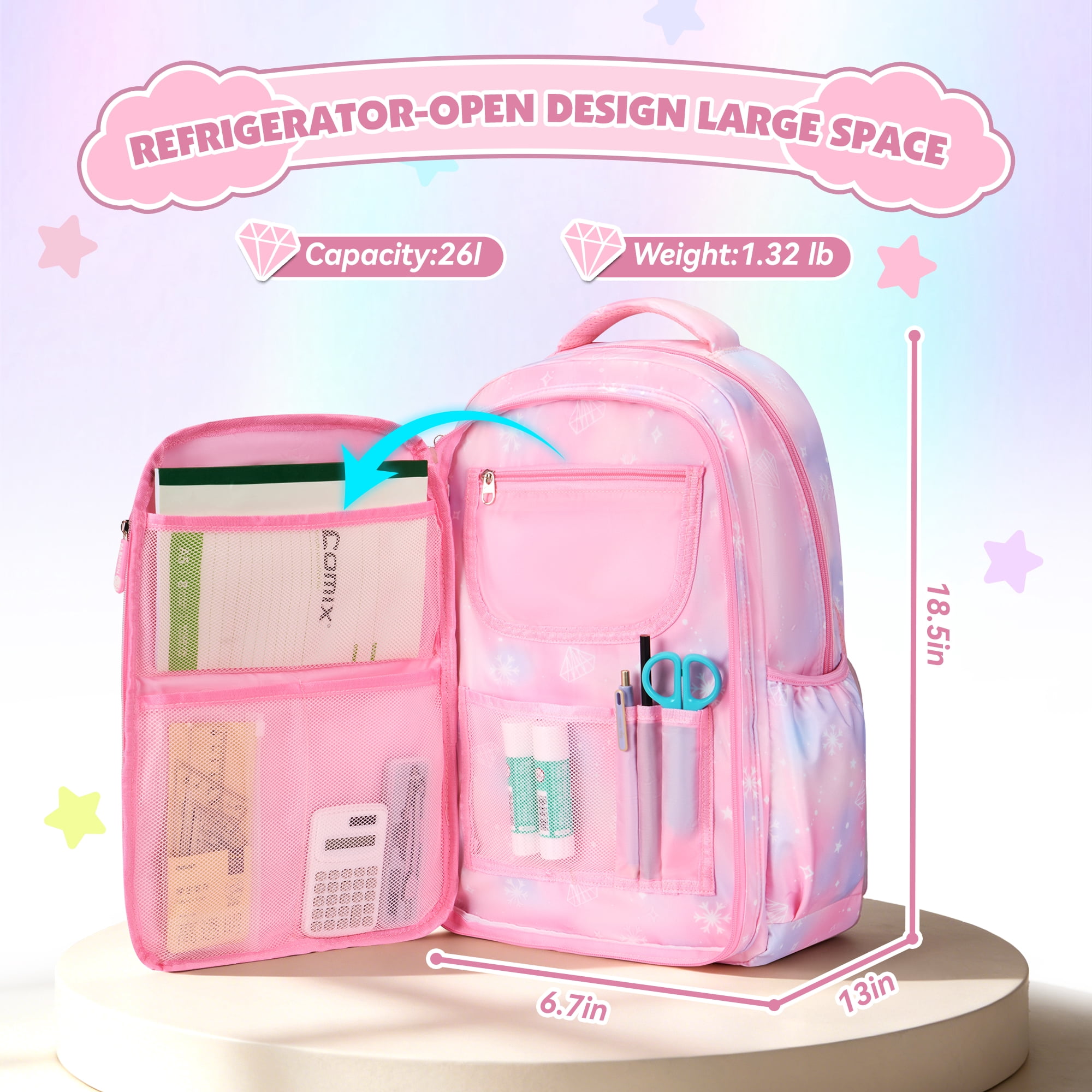 DAKIMOE School Backpack Book Bags Middle School Bags for Kids Girls Teens Back to School Large Bookbags with Multi Pocket for 7-14 Years Pink