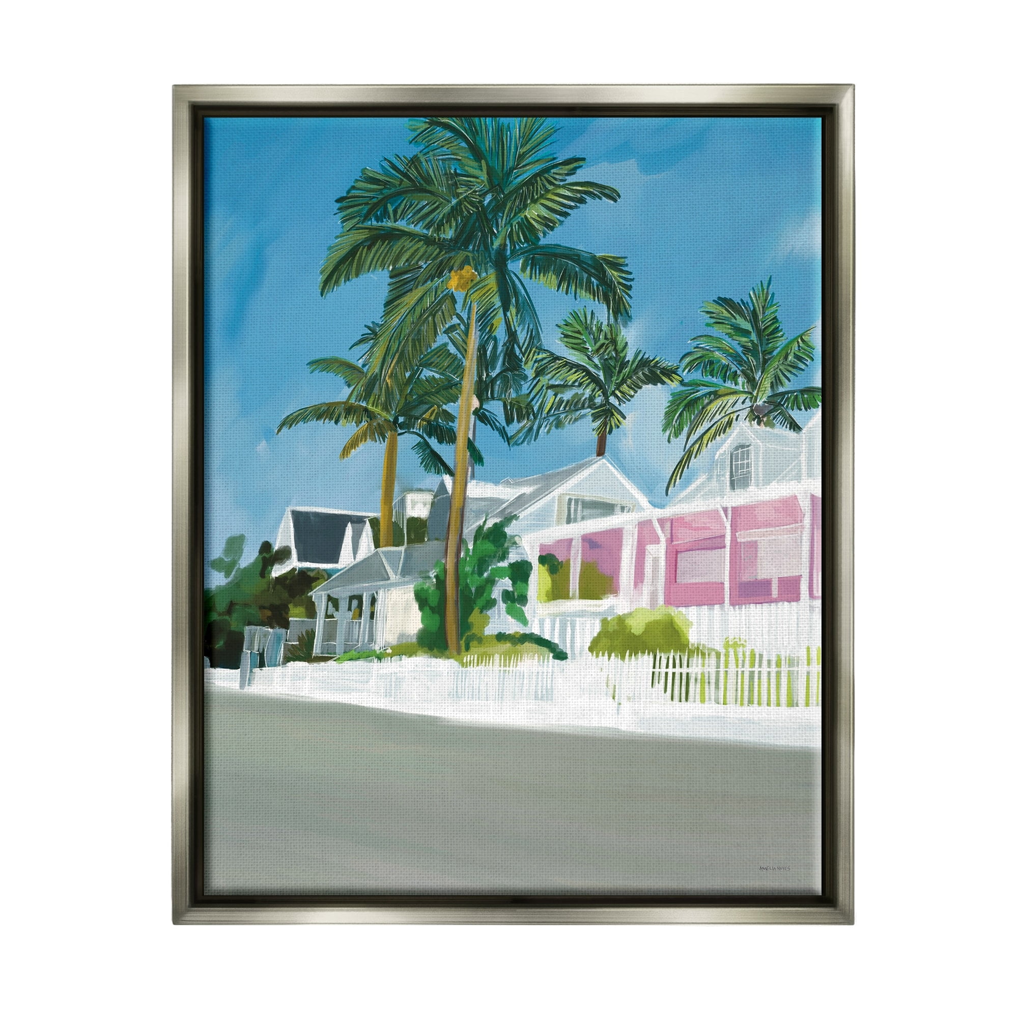 Stupell Industries Tropical Palm Trees Summer Vacation Resort Houses Graphic Art Luster Gray Floating Framed Canvas Print Wall Art, Design by Amelia Noyes