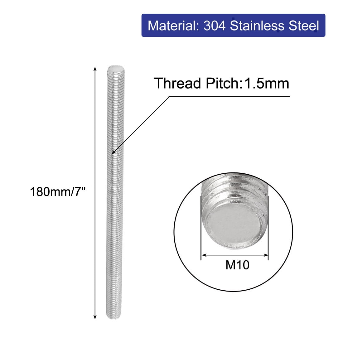 Unique Bargains M10 x 180mm Metric Right Hand Thread Fully Threaded Rod Stud Fastener 5Pcs