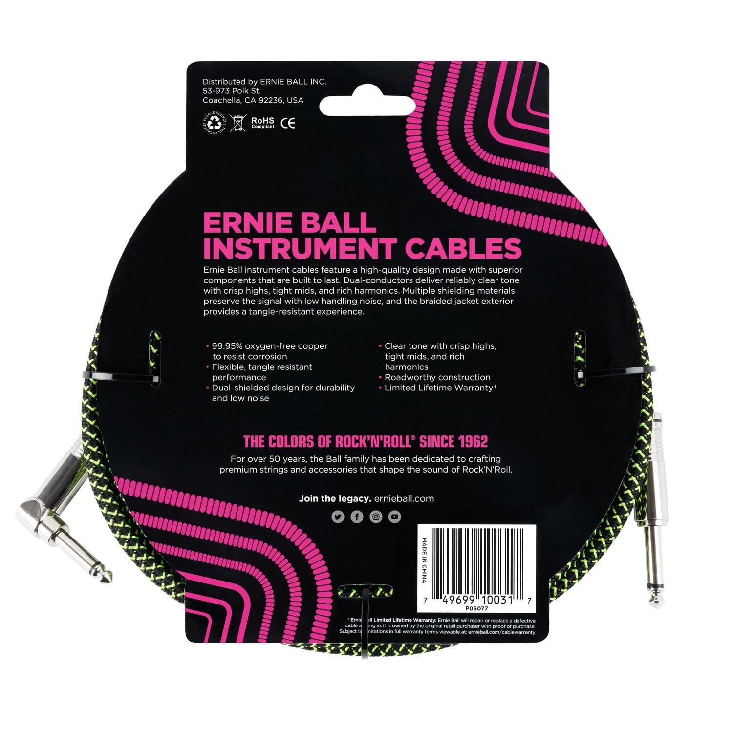 Ernie Ball Braided Instrument Cable, Straight/Angle, 10ft, Neon Green/Black P06077