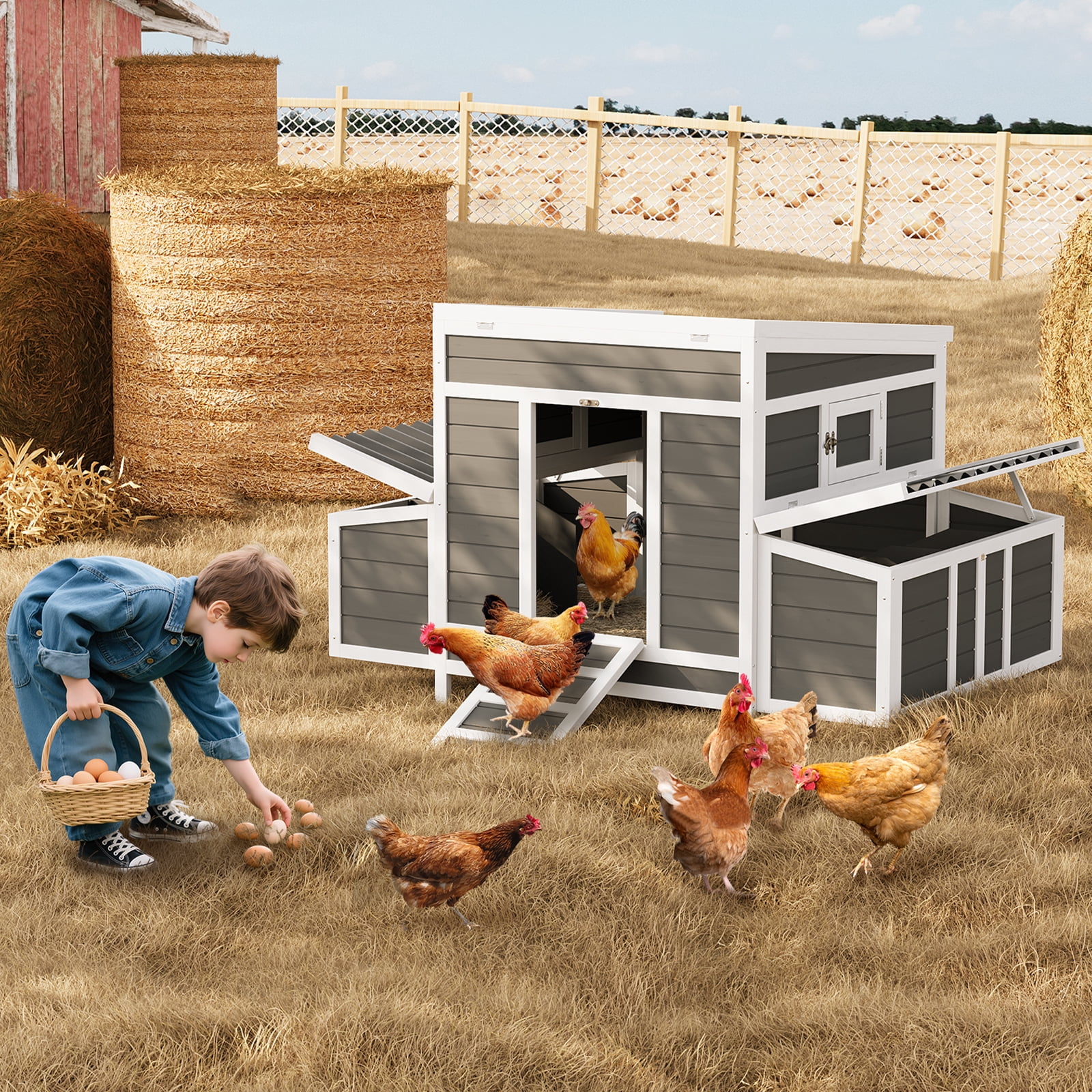 55 in Wooden Chicken Coop, Large Chicken Coop for 4-6 Chickens with Nesting Boxes, No-Slip Ramp & Pull-Out Tray, Outdoor Poultry Cage Rabbit Hutch, Weatherproof Shed Walk-in Kits Winterize