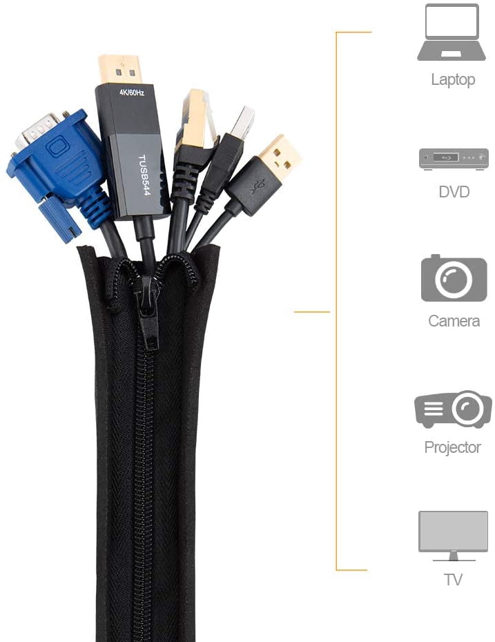 FEFEFW-Cable Management Sleeve, 19-20 Inch Cord Management Sleeves with Zipper and Bundling Ties for TV/Computer/Home Entertainment Cable Wrap Cover Organizer,4 Pack, Black