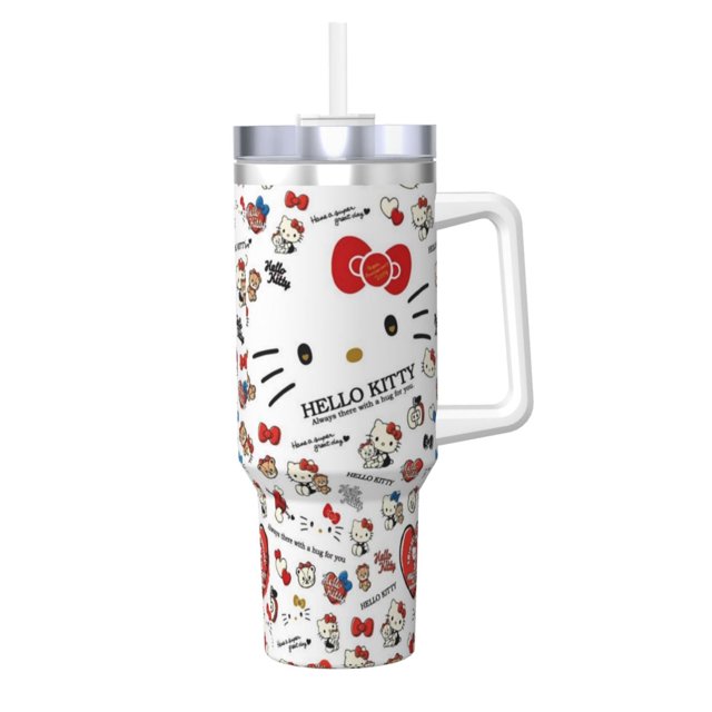 Regalos personalizados de Hello Kitty para vasos de 113 ml con asa y pajita - Taza de café de viaje de acero inoxidable con tapa - Ideal para regalar en cumpleaños, Navidad y otras ocasiones.