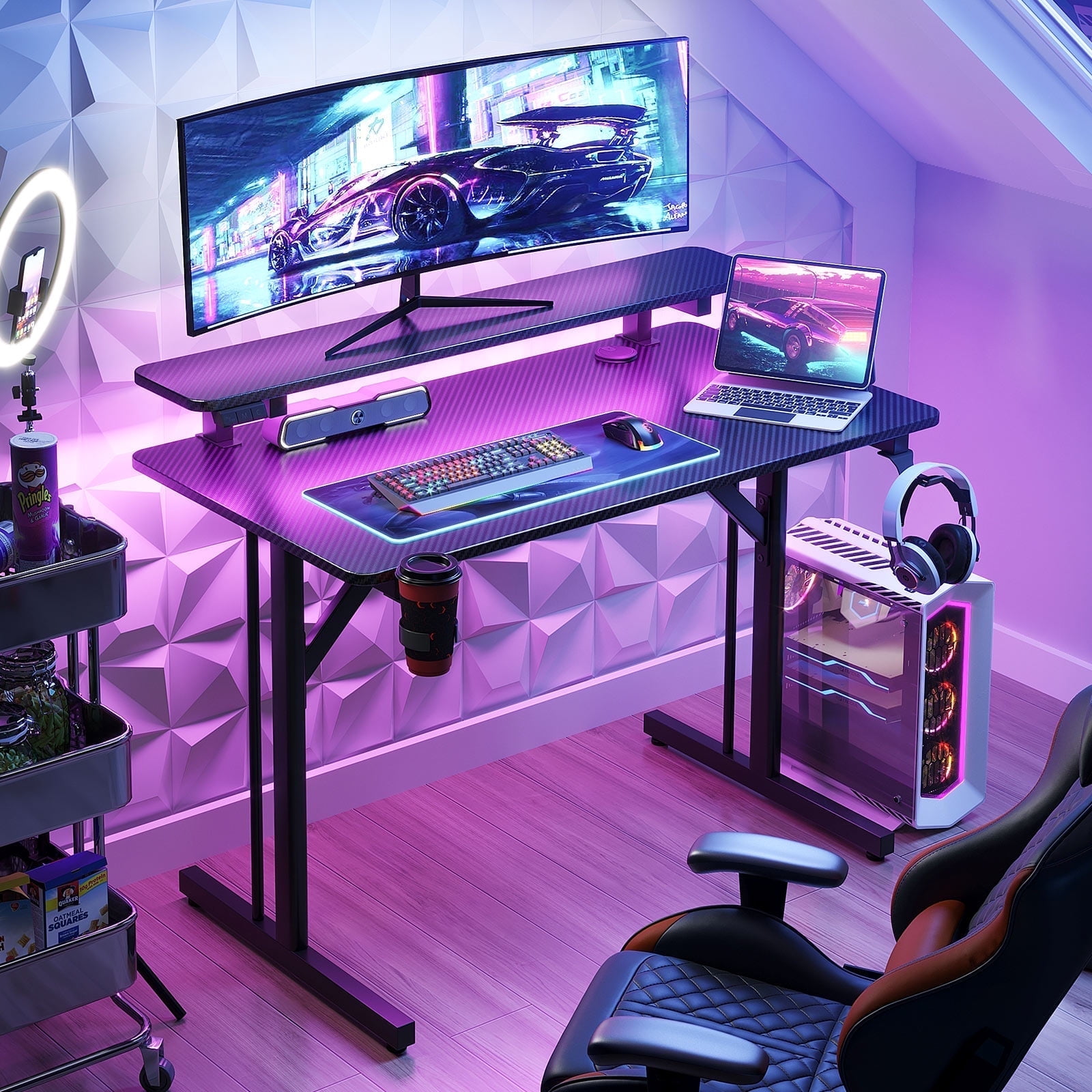31 inch Gaming Desk with Monitor Stand, T- Shaped Carbon Fiber Surface Computer Desk with Double Headphone Hooks, USB Gaming Rack & Cup Holder, Black