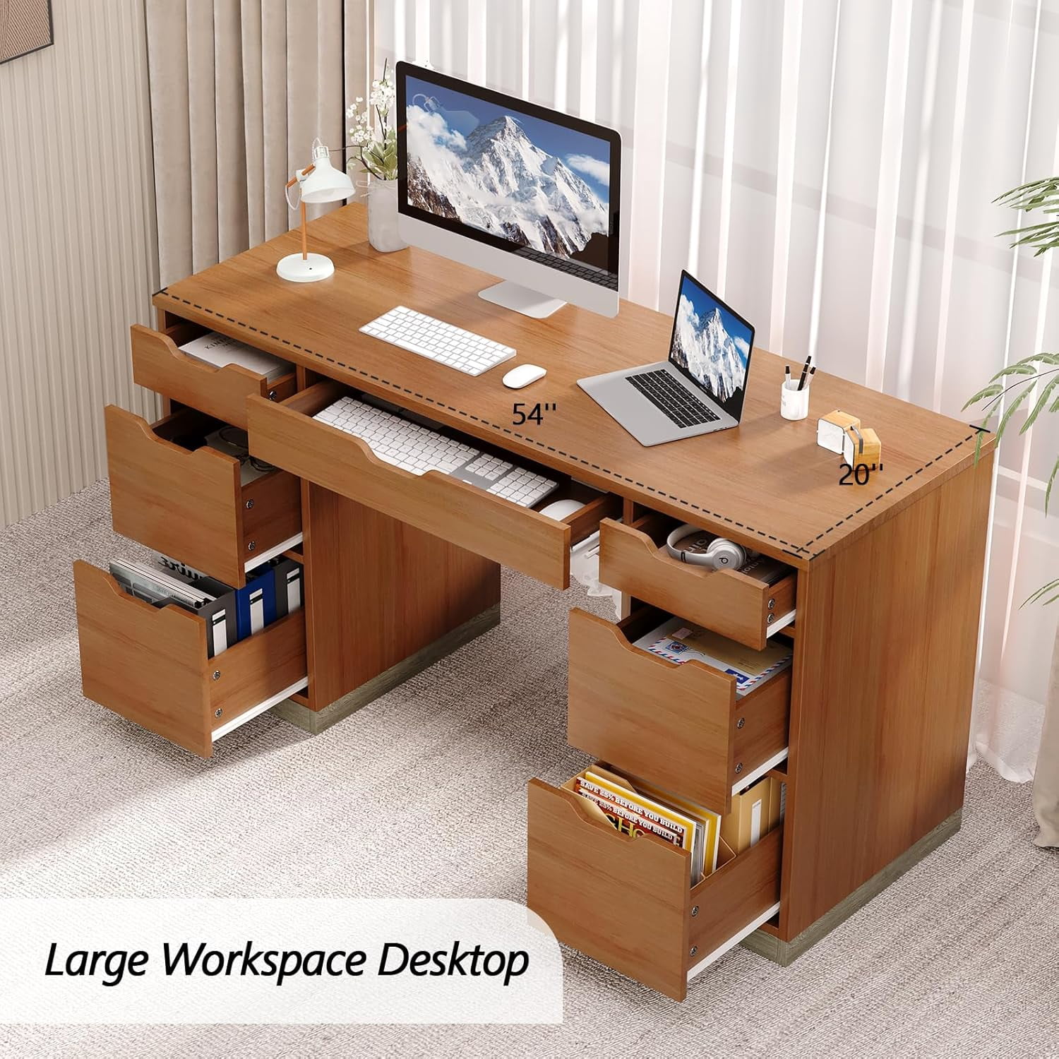 DreamCurship 54" Executive Desk with Storage, White Computer Desk with 7 drawers, Wood Home Office Desk with File Drawers, Brown