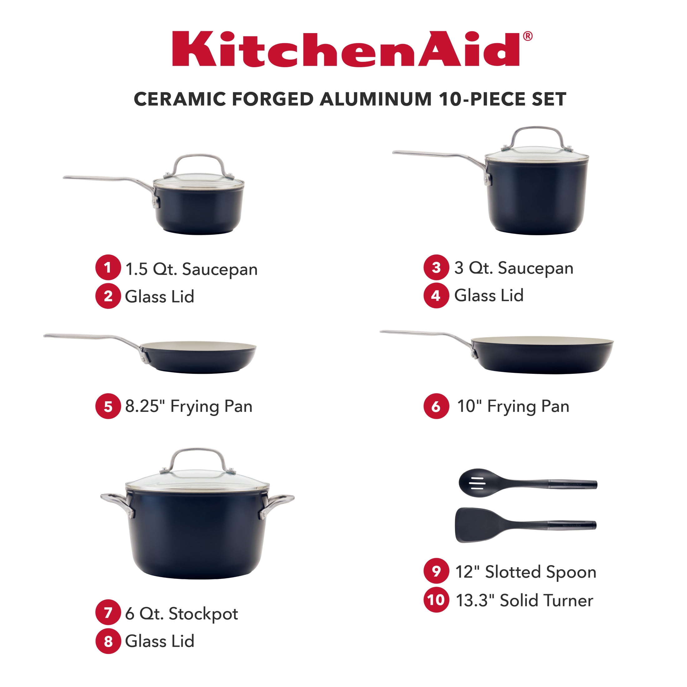 KitchenAid Ceramic Forged 10 Pcs Nonstick Cookware Set, Dishwasher Safe and Oven Safe to 500°F, Onyx Black