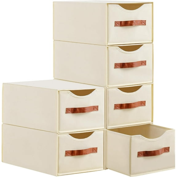 6 Pack Stackable Storage Drawers, Fabric Closet Organizers and Storage with Handles and Clear Window, Pull-Out Clothes Storage Bins with Drawer for Closet, Bedroom, Living Room, Under Bed, Beige