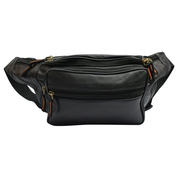 Marshal Wallet Large Multi Zippered Unisex Fanny Pack, Lambskin Leather, Black