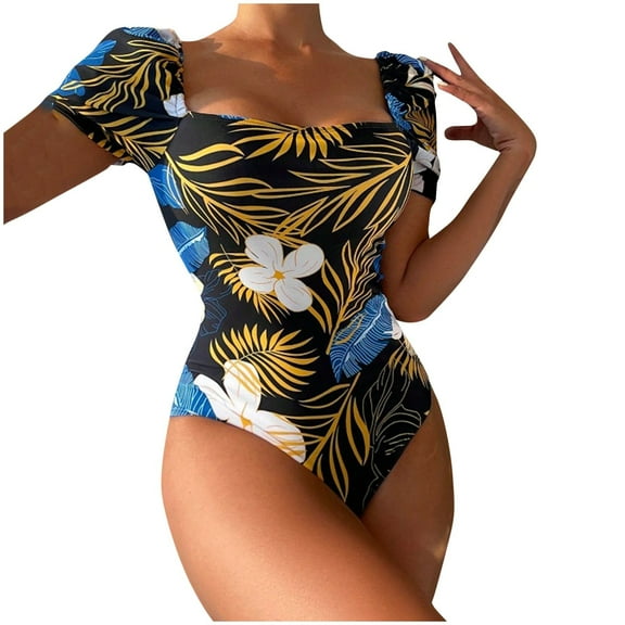 WREESH Womens One Piece Swimsuit Short Sleeve Swim Suits Printed Slim American Backless Tether Bikini Swimsuit Bathing Suits Yellow