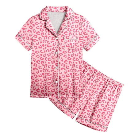 Yuncity Kids Outfit Short Sleeve Lapel Graphic Print Tshirts With Shorts 2 Pieces Set Summer Homewear Comfortable Sleep Wear Girls Clothes Set Size 7-8 Years Pink