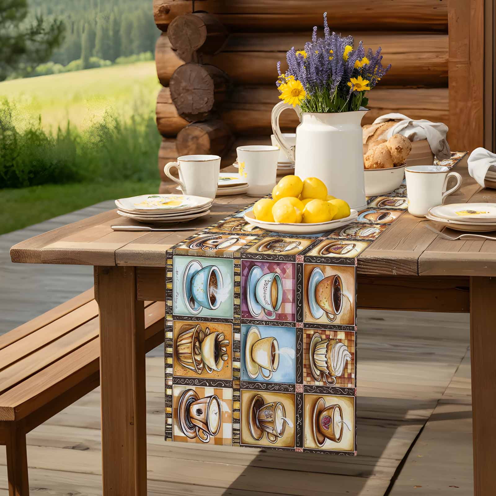 Coffee Cake Dessert Food Table Runner 90 Inches Long, Retro Collage Art Table Runners Tabletop Scarf Kitchen Dining Tables Decoration for Home Party Indoor Outdoor
