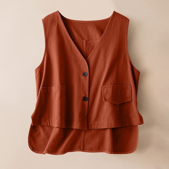 ECZHAW Cotton Linen Vest for Women Trendy Sleeveless V Neck Button Down Shirts Summer Casual High-Low Hem Tank Top with Pockets
